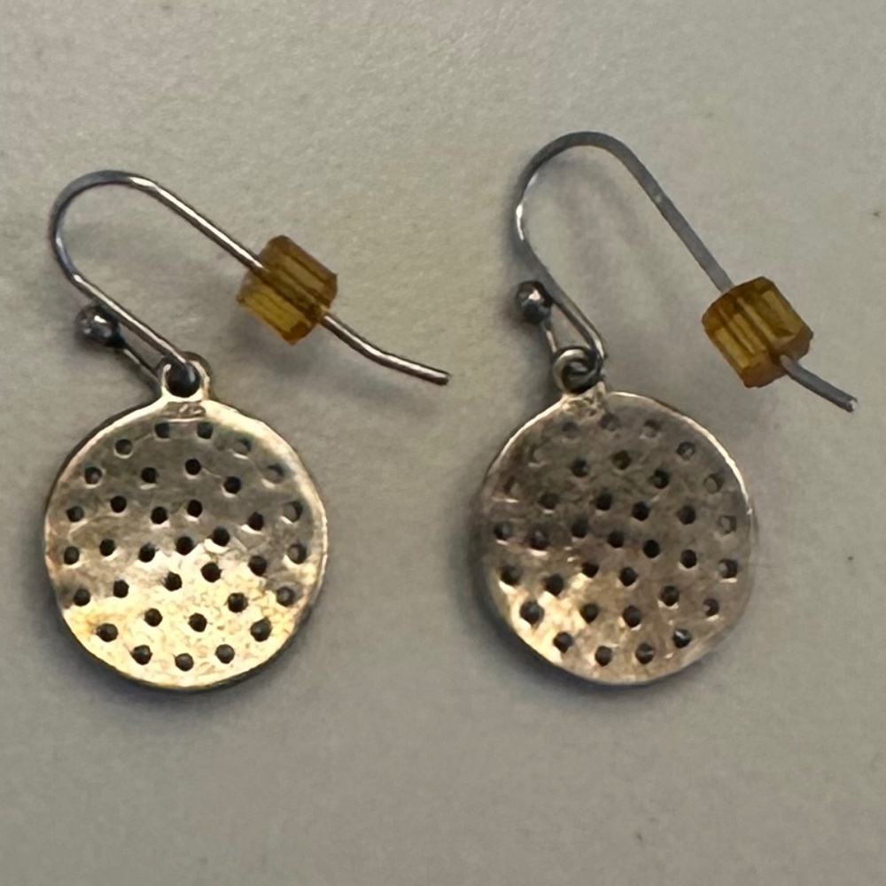 Silver Textured Disc Drop Earrings with Crystals - Picture 11 of 11